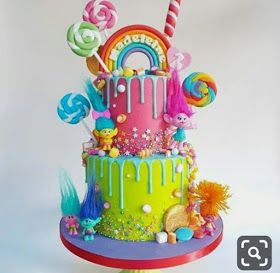 a multi - tiered birthday cake decorated with candy, candies and lollipops