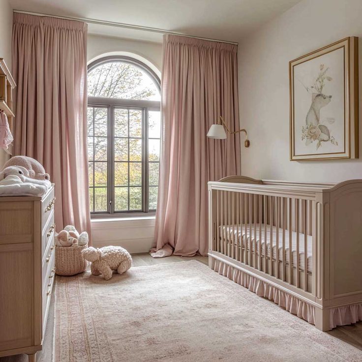 a baby's room with a crib, window and teddy bear in it