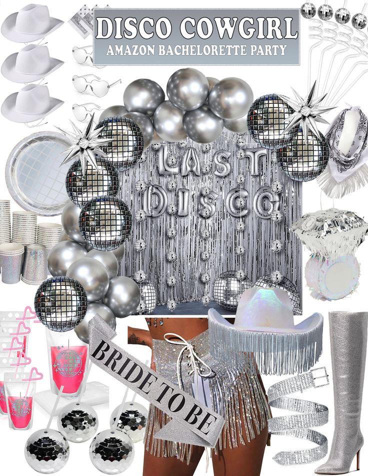 a collage of silver and white items for a disco themed birthday party with balloons, streamers, hats, cups, and decorations