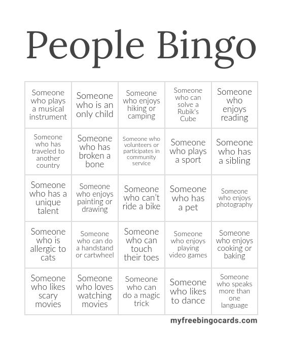 a poster with words that say people bingo, someone who is an only child