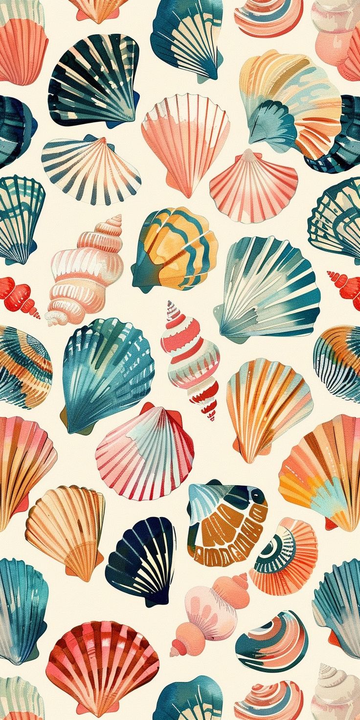 colorful seashells are arranged on a white background