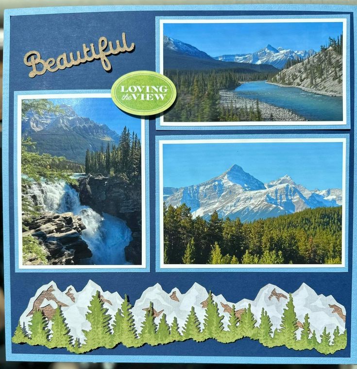 a card with pictures of mountains, trees and water in the background that says beautiful