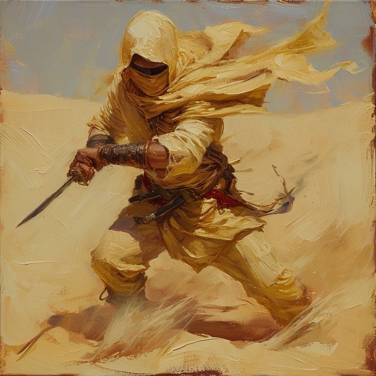 portrait of a sand warrior, wearing desert gear, holding a short katana in one hand, clothes blowing in the wind, sand dunes in the background, oil painting, thick strokes --v 6 Desert Sci Fi Character Design, Desert Bandit Fantasy Art, Desert Dnd Art, Desert Warrior Aesthetic, Sandalpunk Aesthetic, Desert People Art, Desert Warrior Art, Desert People Fantasy Art, Desert Nomad Character Design