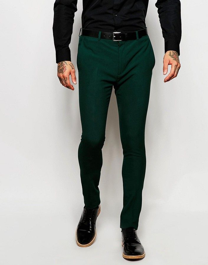 ASOS BRAND ASOS Super Skinny Suit Pants In Green Dark Green Trousers Outfit, Mens Green Dress Pants, Green Trousers Outfit, Green Slacks, Trousers Outfit Men, Green Pants Men, Slacks Outfit, Green Pants Outfit, Dress Pants Outfits