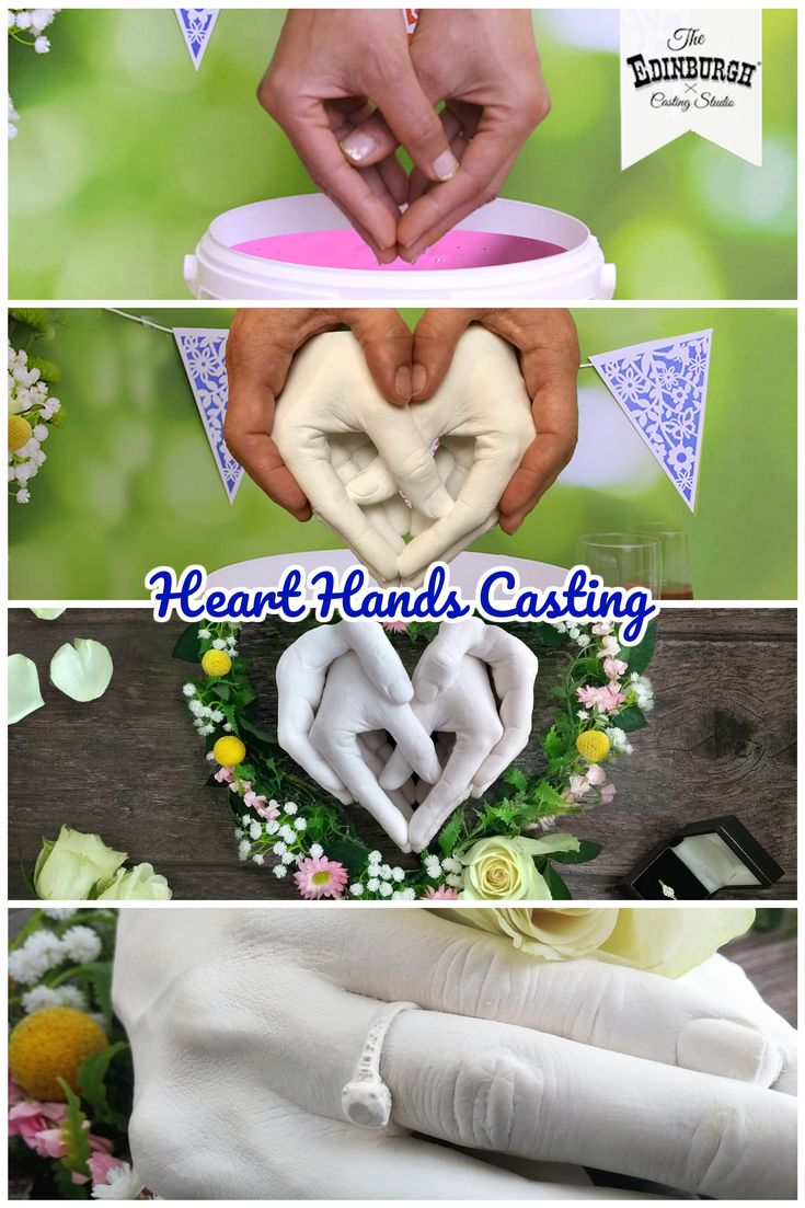 four different pictures with hands making heart shaped objects in them, and the words happy hand casting