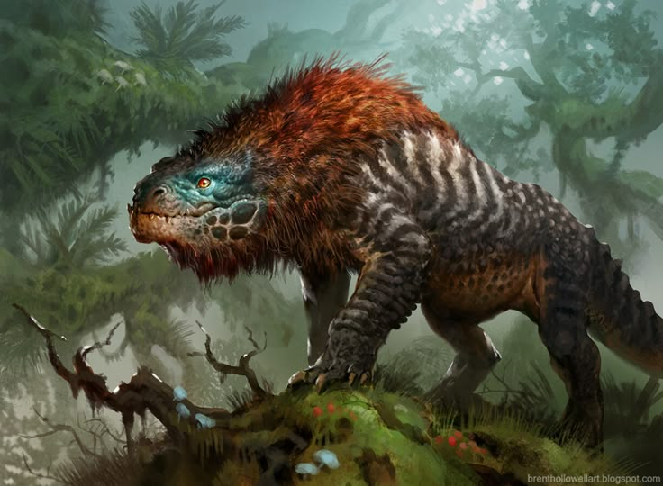 an artist's rendering of a dinosaur in the jungle