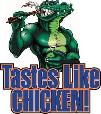 the logo for tasty like chicken with an alligator holding a stick in its mouth