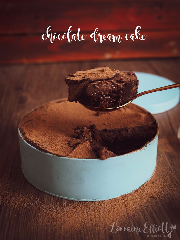 chocolate brown cake in a white dish with a spoon sticking out of it and the words chocolate dream cake on top