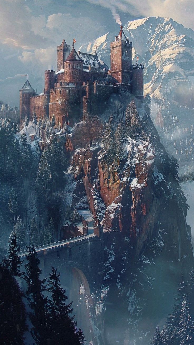 a castle on top of a mountain covered in snow