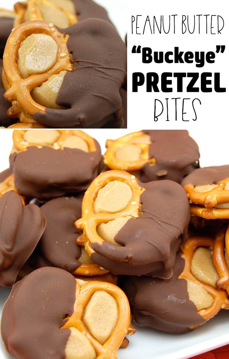 peanut butter pretzel bites on a plate with chocolate drizzled in the middle