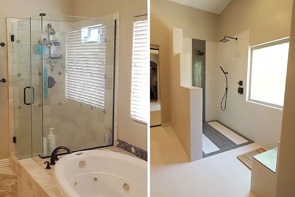 two pictures of a bathroom with tub, shower and sink