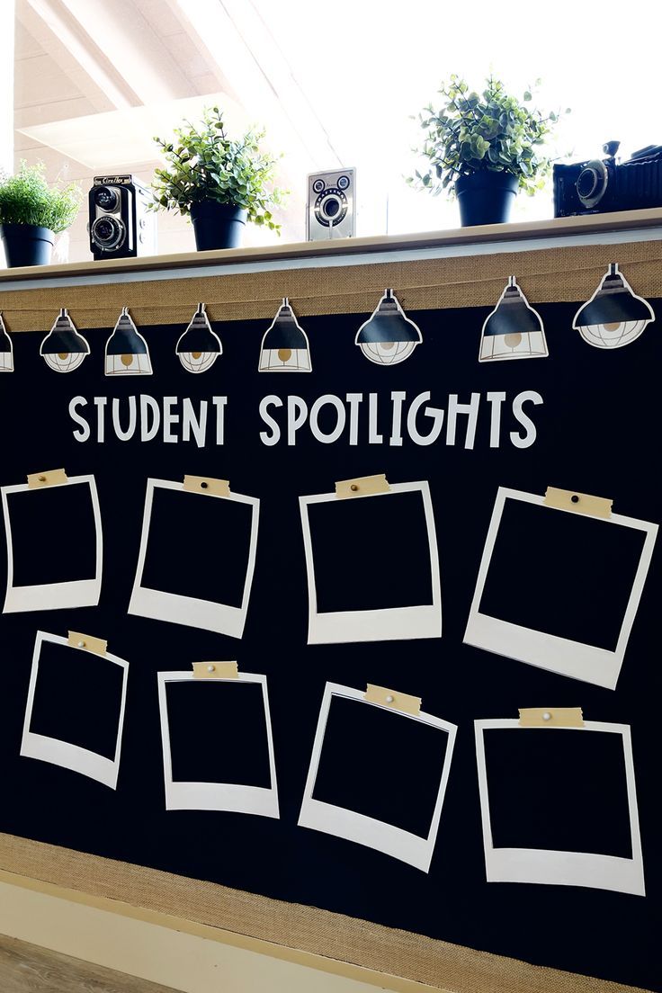 a bulletin board with pictures hanging on it's sides and the words student spotlights