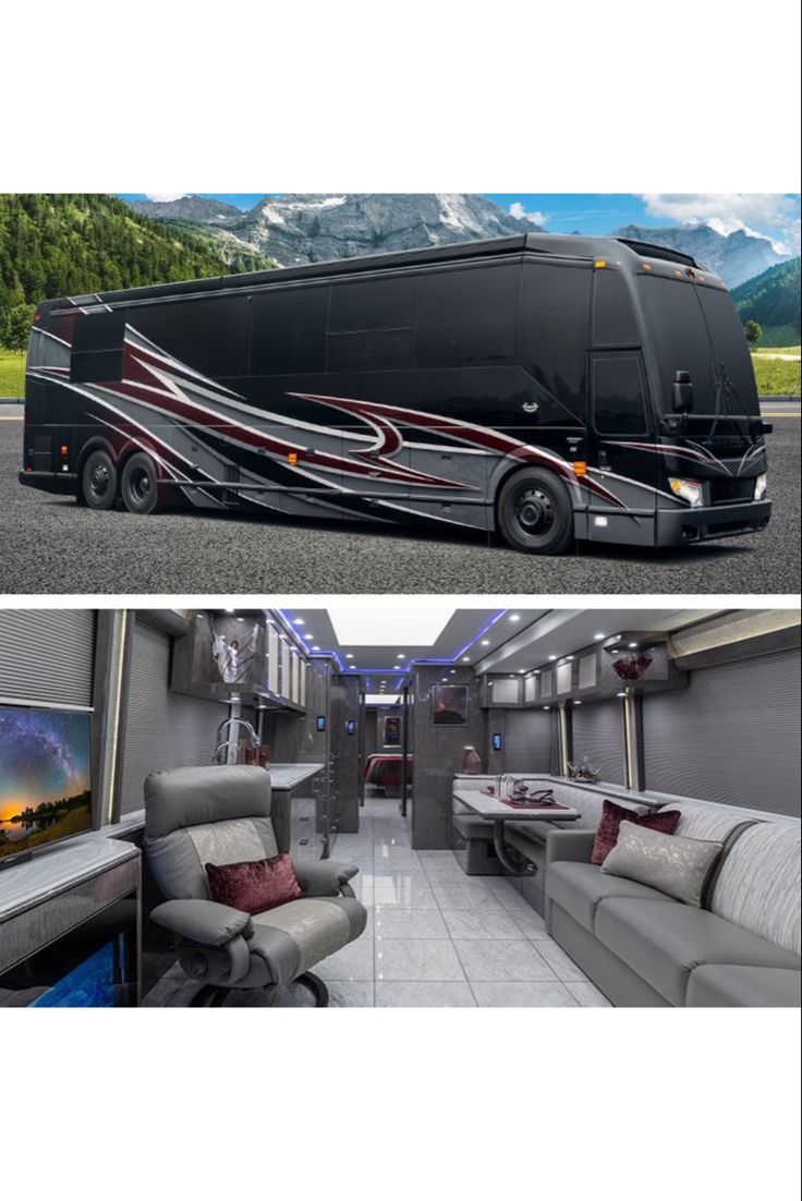 the interior and exterior of a bus with mountains in the background