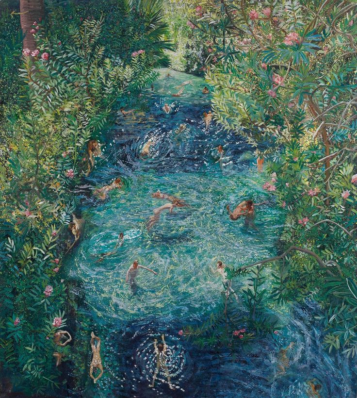 an oil painting of people swimming in a river surrounded by trees and flowers on the shore