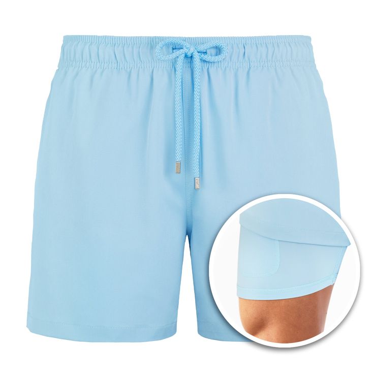 Light-blue-swim-trunks Swimwear With Built-in Shorts For Poolside Warm Weather, Summer Swimwear With Built-in Shorts And 4-way Stretch, Solid Nylon Swimwear With Built-in Shorts, Summer Activewear With Moisture-wicking, Summer Beachwear Activewear With Built-in Shorts, Micro-elastic Moisture-wicking Activewear For Summer, Functional Swimwear With Built-in Shorts For Swimming, Athleisure Solid Swimwear With Go-dry, Solid Swimwear With Built-in Shorts