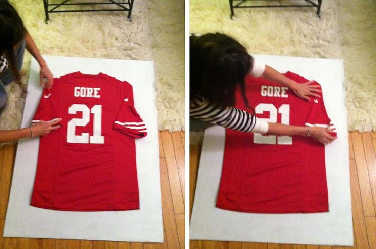 two pictures of a woman laying on the floor with a red football jersey being cut