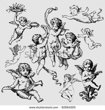 an illustration of angels flying in the sky