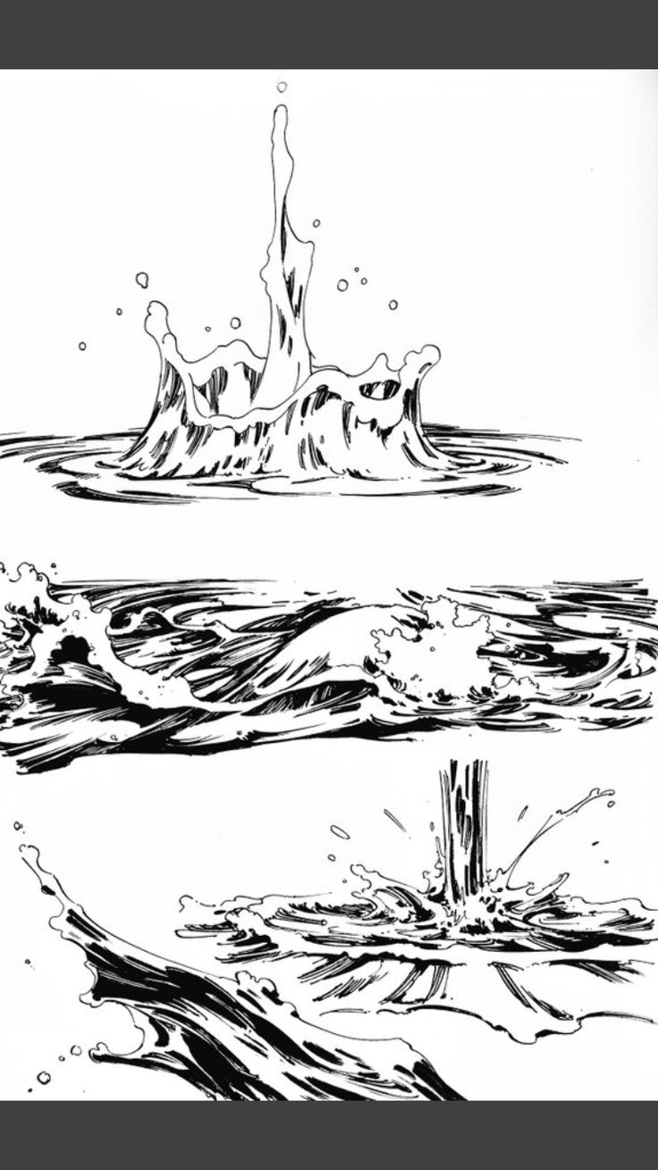 an ink drawing of water splashing from the top and bottom of a tree stump