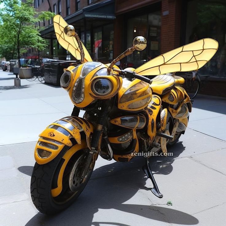 a yellow and black motorcycle parked on the street