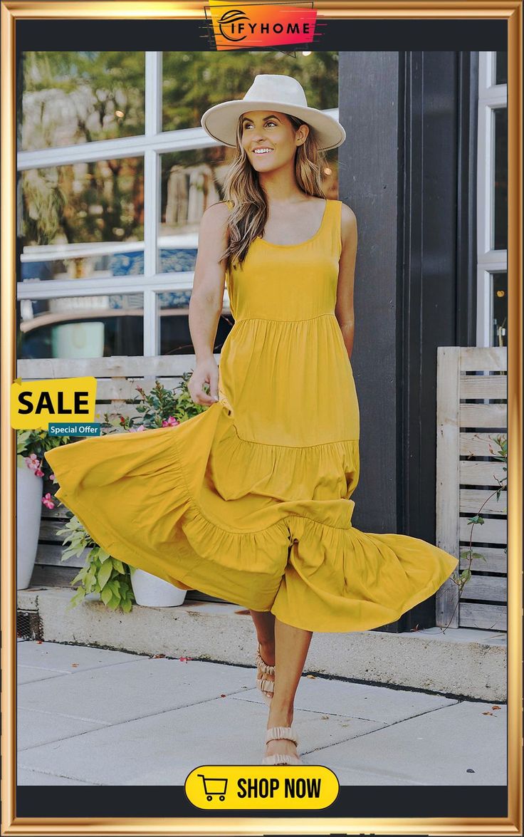 Yellow Sleeveless Ruched High Waist Maxi Dress Summer Vacation Ruched Sleeveless Dress, Ruched Sleeveless Dress For Summer Vacation, Solid Color Sleeveless Dress For Day Out In Spring, Solid Color Tiered Midi Dress For Summer, Solid Color Sleeveless Dress For Spring Day Out, Spring Sleeveless Dress In Solid Color For Day Out, Spring Sleeveless Dress For Day Out, Casual Tiered Sleeveless Dress For Day Out, Casual Flowy Sleeveless Dress With Ruffle Hem