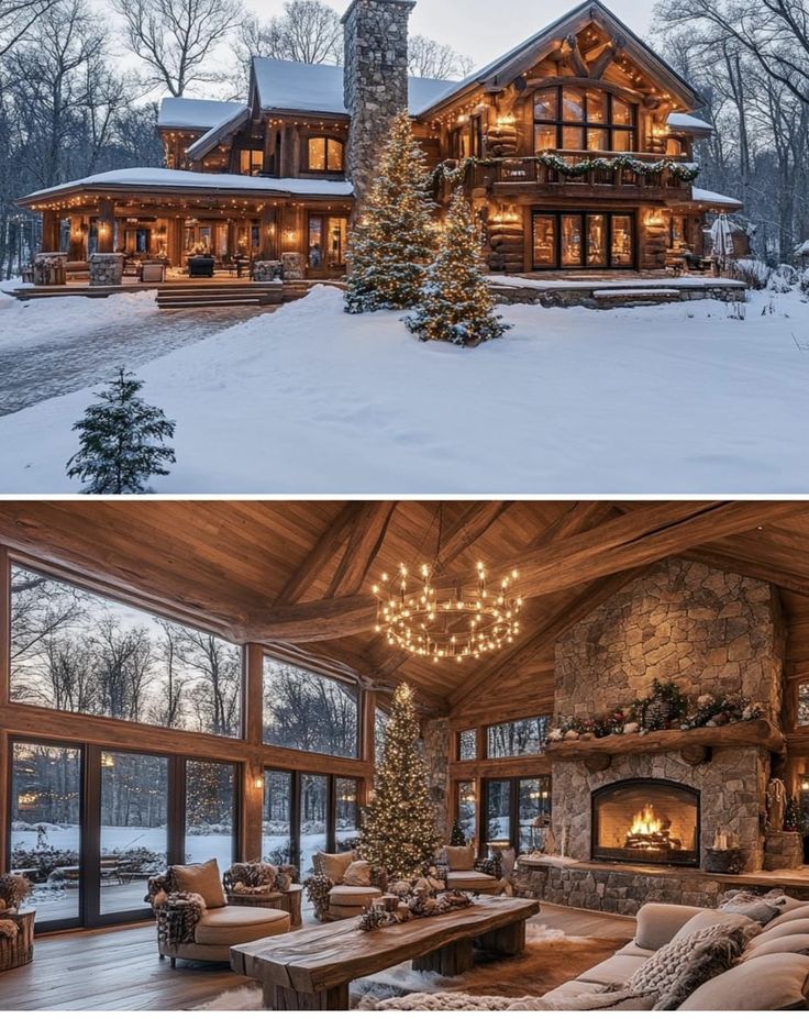 the inside and outside of a log cabin with christmas trees in front of it,