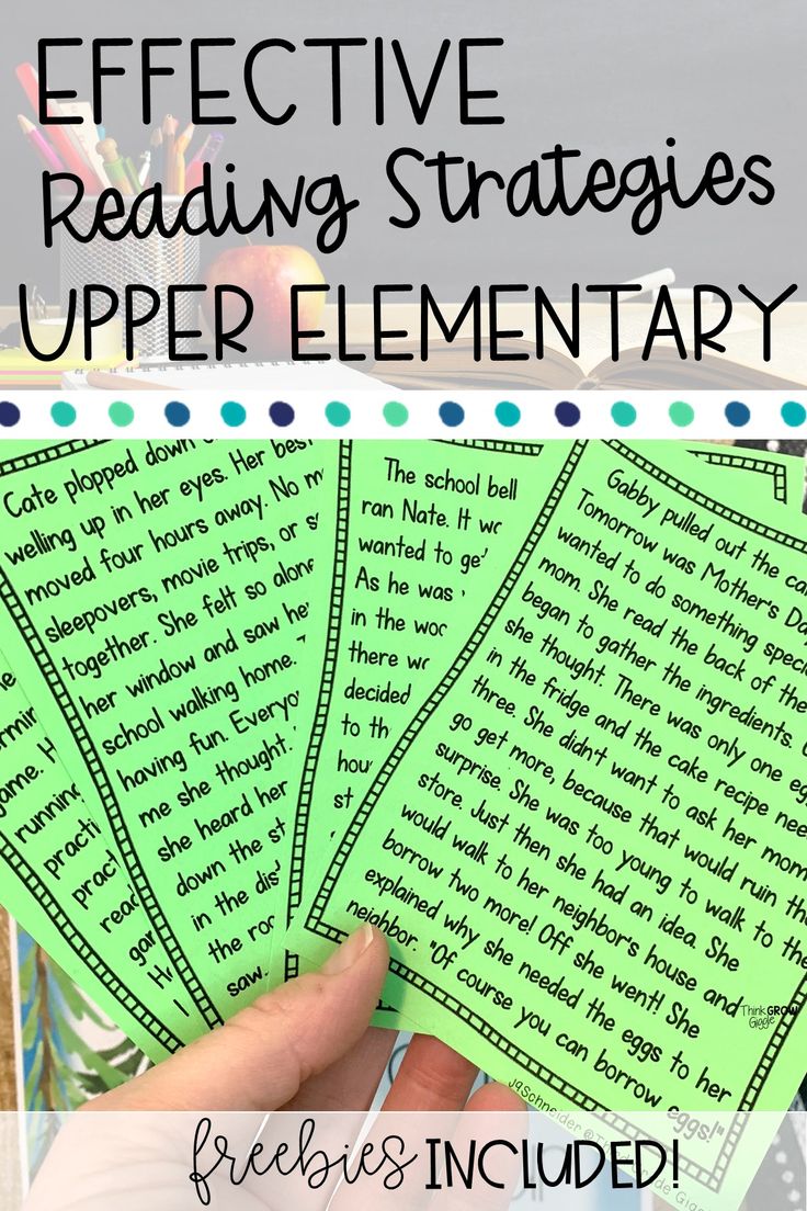 a hand holding four green reading cards with the words effective reading strategy and upper elementary