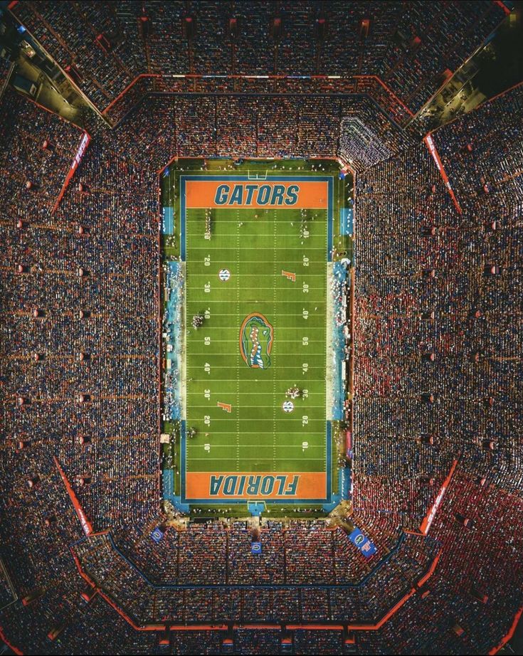 an aerial view of a football stadium with the words gators written on it in large letters