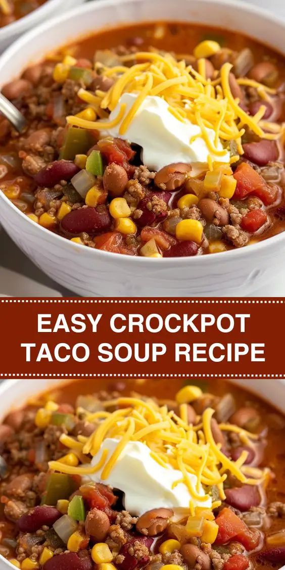 easy crockpot taco soup recipe in a white bowl with sour cream on top