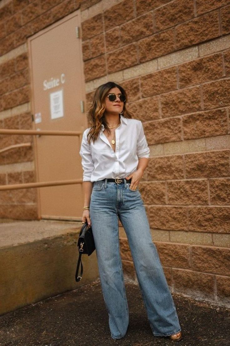 Collar Shirt And Jeans Outfit, White Shirt Wide Leg Jeans, White Button Blouse Outfit, White Shirt Denim Jeans, White Button Down White Pants, Denim With Heels, Button Down With Jeans Women, White Heels With Jeans, Straight Leg Jeans Button Down Shirt