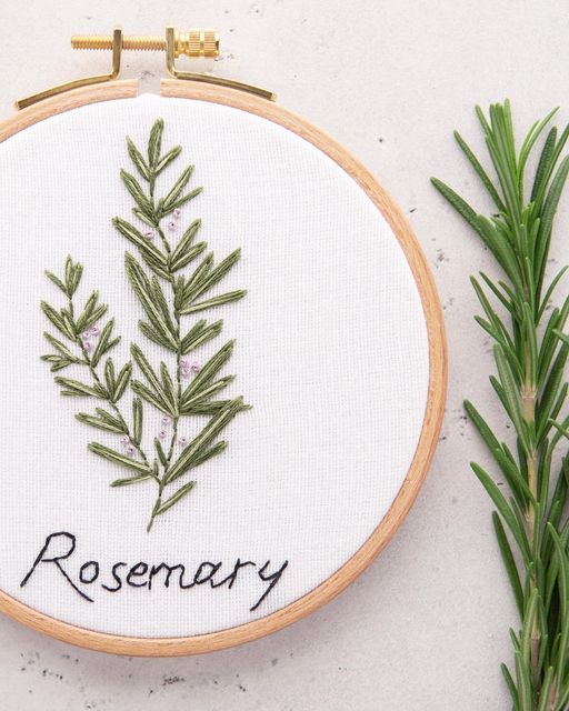 a cross stitch embroidery pattern with rosemary on it and the word rosemary written in black ink