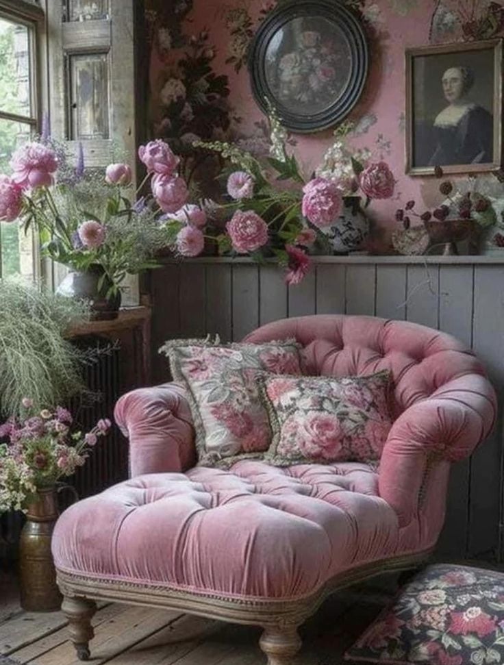 a pink chair sitting next to a window filled with flowers