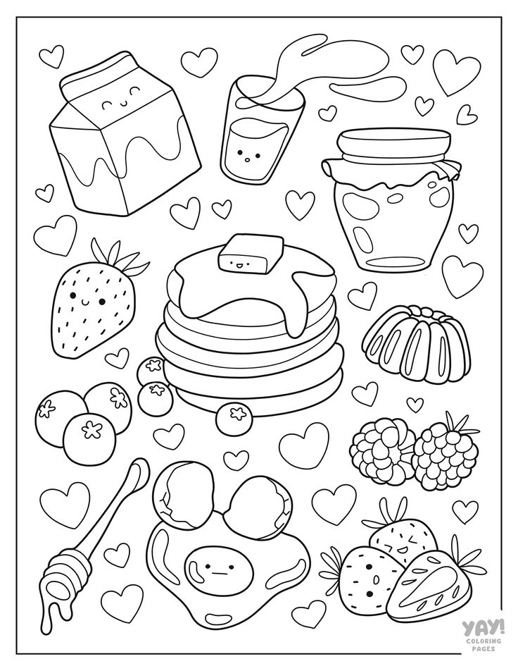 Kawaii food with pancakes Kawaii Coloring Pages Free Printable, Kawaii Coloring Pages, Hello Kitty Colouring Pages, Food Coloring Pages, Kitty Coloring, Coloring Pages Free Printable, Colouring Printables, Easy Coloring Pages, Easy Doodles Drawings