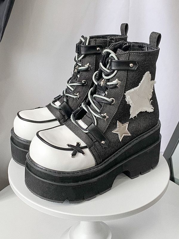 Star Appliques Punk Black Denim Platform Ankle Boots Dr Shoes, New Rock, Estilo Punk, Star Decorations, Platform Ankle Boots, Black Platform, Really Cute Outfits, Pretty Shoes, Dream Clothes