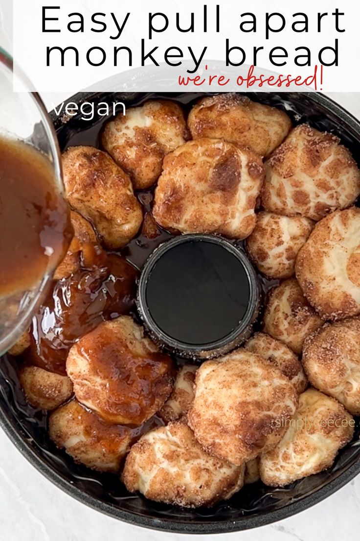 an easy pull apart monkey bread recipe is served with caramel sauce on the side