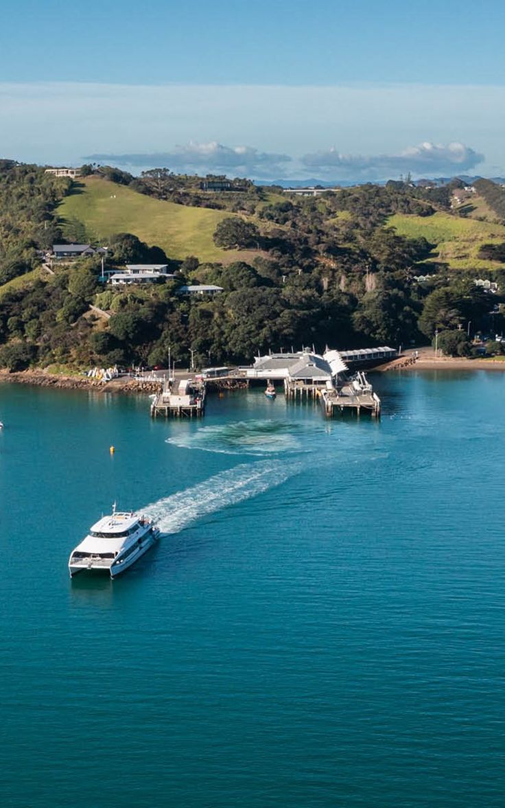 a white boat traveling across a large body of water next to a lush green hillside