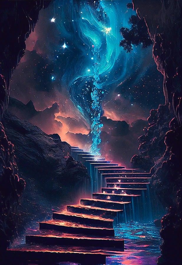 steps leading up to the sky with stars and water flowing down them, as if they were floating in space