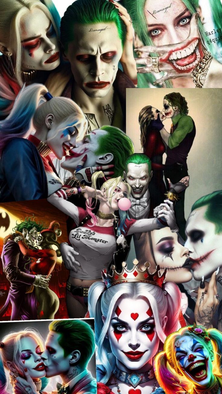 the joker and harley collage is featured in this image, with many different colors