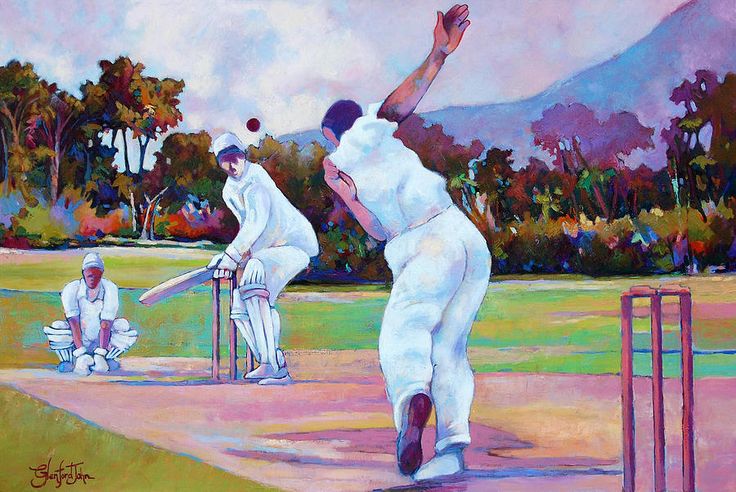 a painting of two men playing cricket on a field