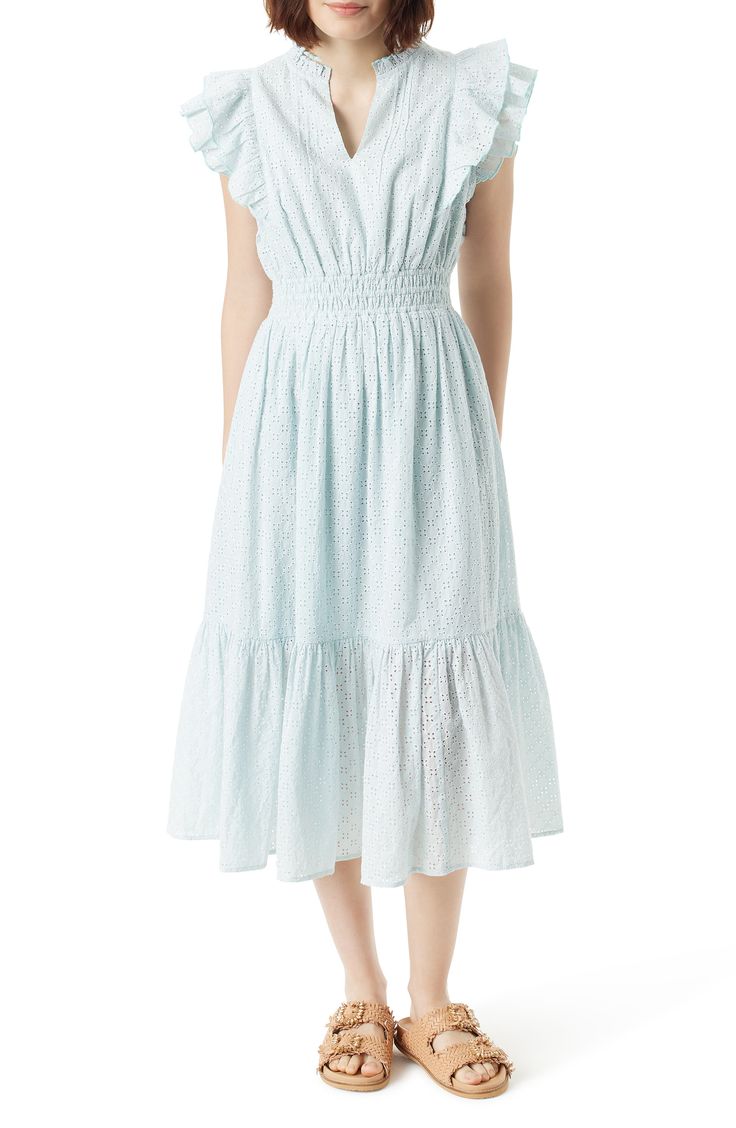 Turn on the charm in this smocked-waist cotton midi featuring airy allover eyelets and romantic ruffle trim. 46 1/2" length (size Medium) Split neck Short sleeves Smocked waist Partially lined 100% cotton Dry clean or machine wash, tumble dry Imported Ruffle Midi Dress, Pastel Blue, Nordstrom Dresses, Ruffle Trim, Sam Edelman, Smocking, Split, Dry Clean, Short Sleeves