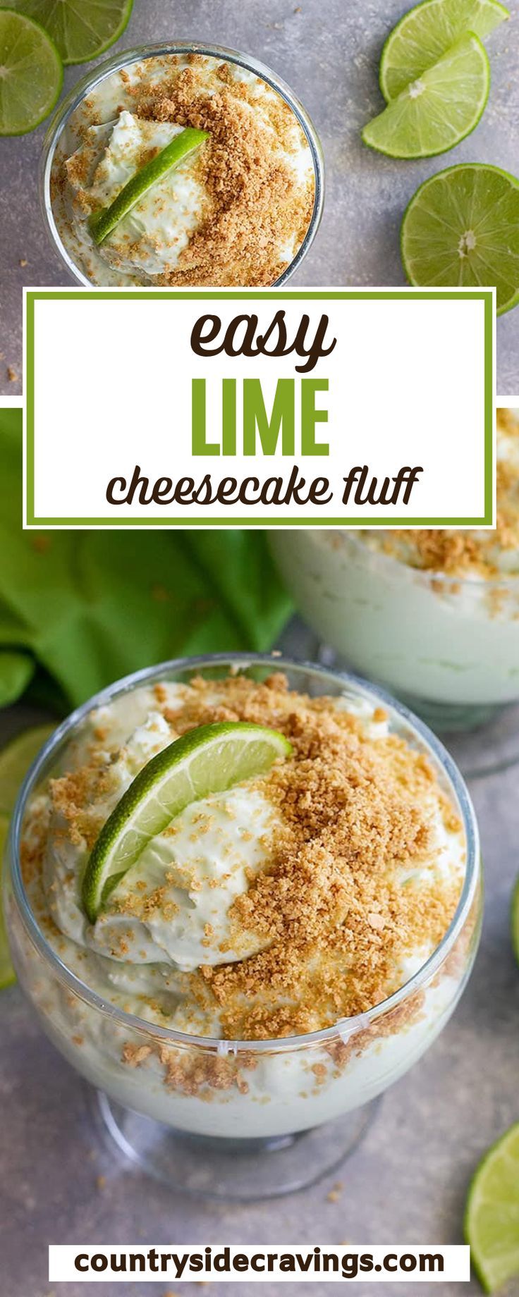 two glasses filled with cheesecake fluff and topped with limes on the side