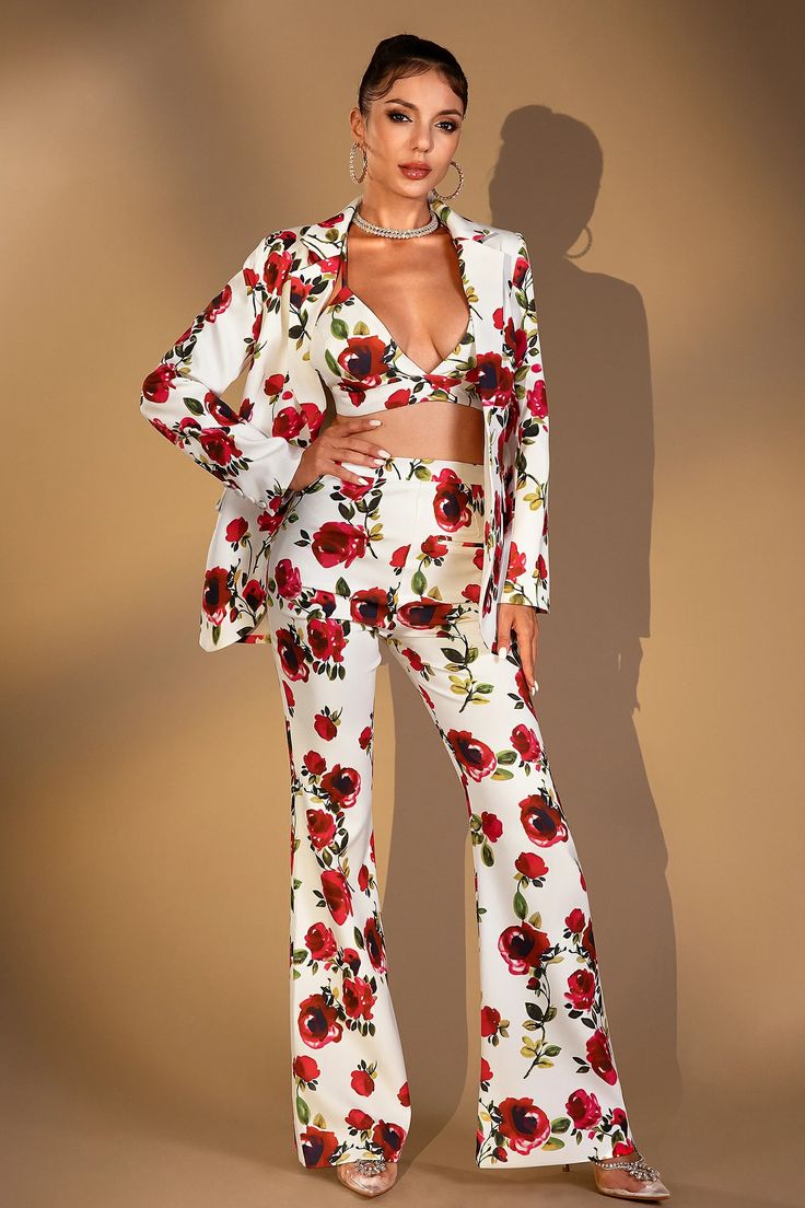 Radiate elegance in a floral pantsuit ensemble, a perfect blend of sophistication and femininity. Crafted with delicate detail to elevate your style, ideal for upscale gatherings and special occasions. Handmade customization Fabric composition: 90% polyester fiber, 10% spandex Washing method: hand wash or dry clean Pop Floral Pantsuit, Old Celebrities, White Gowns, Delicate Details, S Models, Timeless Pieces, Suits For Women, 3 Piece, Floral Design