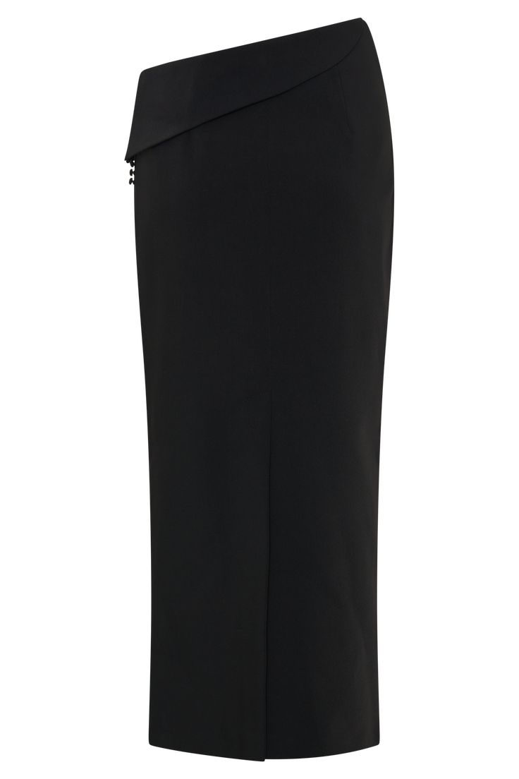 Contemporary flair. Make a statement with the ASTRID Suiting Midi Skirt, a perfect blend of sophistication and contemporary design. Featuring an asymmetrical waistline and a chic fold over flap detail, this skirt offers a unique twist on classic tailoring. The button detail at the side seam adds a touch of elegance, while the side split provides both style and ease of movement. Crafted in a flattering midi length, the straight silhouette of this skirt compliments a variety of looks, making it a Black Skirt Suit, Style Pantry, Classic Tailoring, Black Midi Skirt, Straight Skirt, Side Split, Skirt Suit, Fold Over, Button Detail