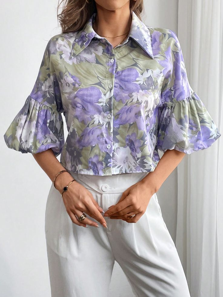 Purple Boho Collar Three Quarter Length Sleeve Woven Fabric Floral,All Over Print Shirt Embellished Non-Stretch  Women Clothing Floral Shirts, Fashion Top Outfits, Western Tops, Career Fashion, Boho Style Dresses, Diy Sewing Clothes, Fabric Floral, Stylish Dress Designs, Women Blouses