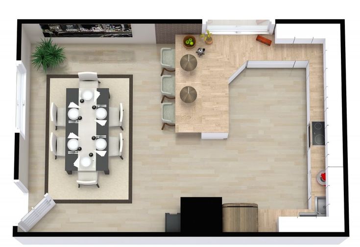 an overhead view of a living room and dining area in a small apartment with wood flooring