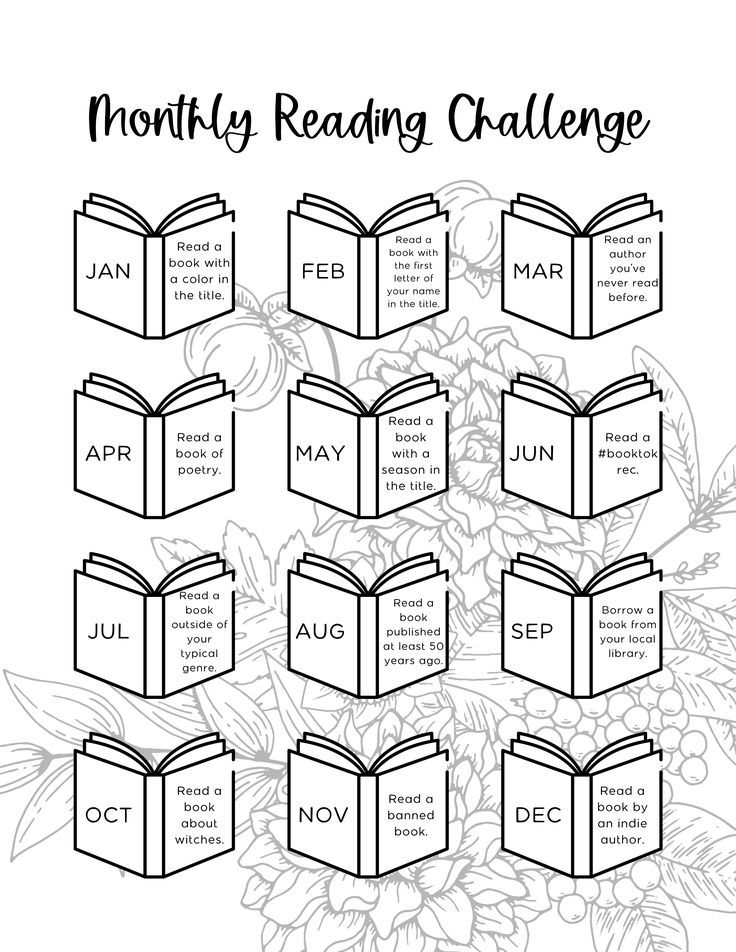 the month reading challenge is shown in black and white with flowers around it, including an open