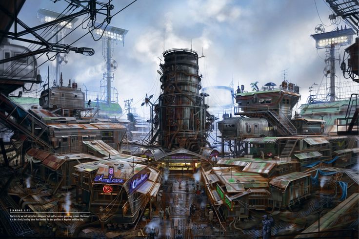 a futuristic city with lots of tall buildings and large pipes in the air, surrounded by smokestacks