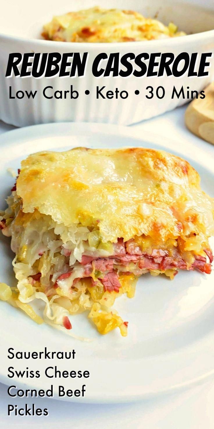 the ketoreuben casserole is cut in half on a white plate