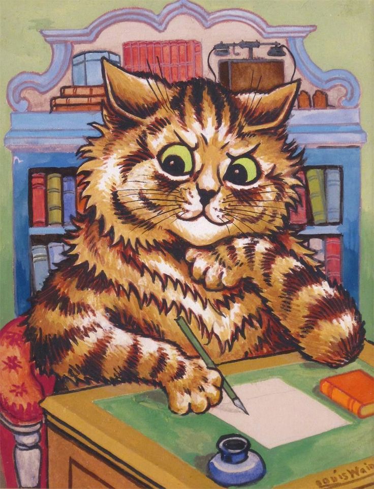 a painting of a cat sitting at a desk with a pen and paper in front of it