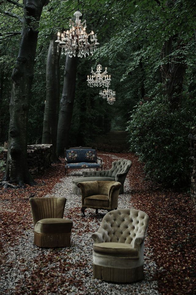 an outdoor area with several chairs and chandelier hanging from the ceiling, surrounded by trees