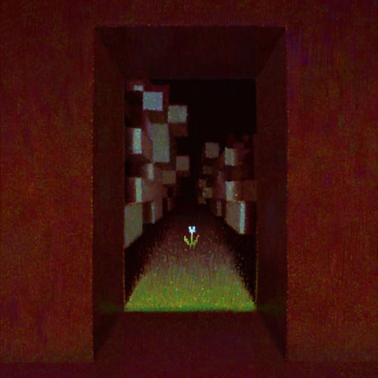 an image of a dark room with some boxes in the corner and a flower on the floor